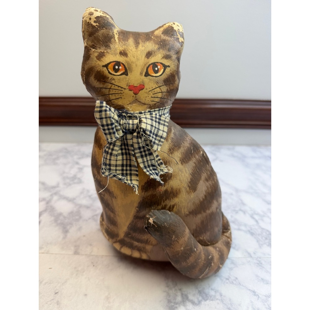 Vintage Primitive Folk Art Cat Doorstop Hand Painted Tabby Canvas Figurine 10"